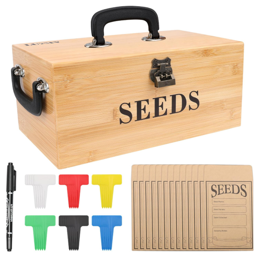 Luxiv Bamboo Seed Saving Box, Wood Seed Storage Organizer Box Large Seed Contain